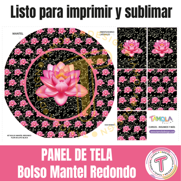 Bolso Mantel Redondo - Flor de loto Rosa Black - Panel para Sublimar